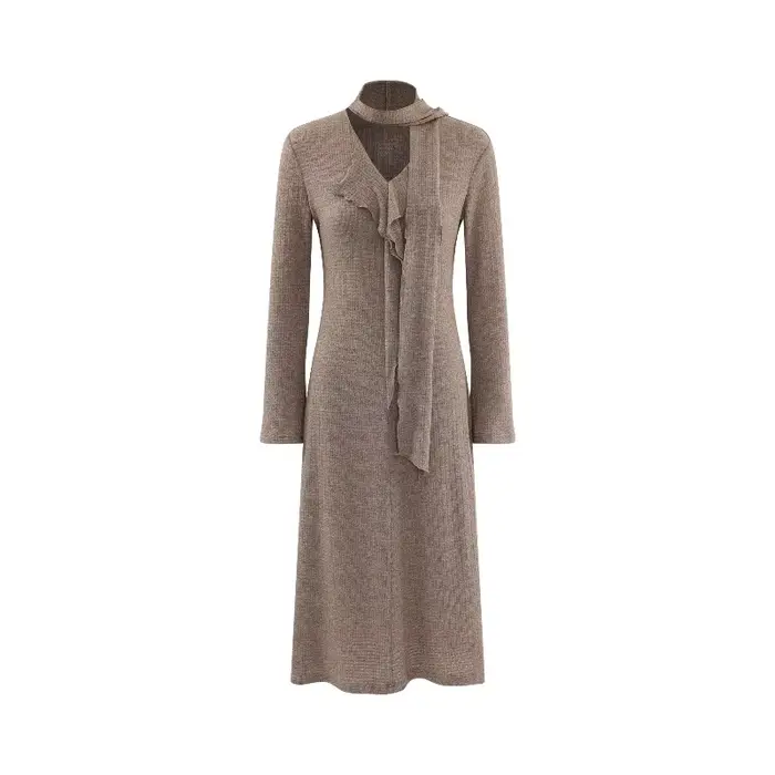 Robe française élégante en tricot, col en v, manches longues, élastique, Maxi, Design asymétrique, r