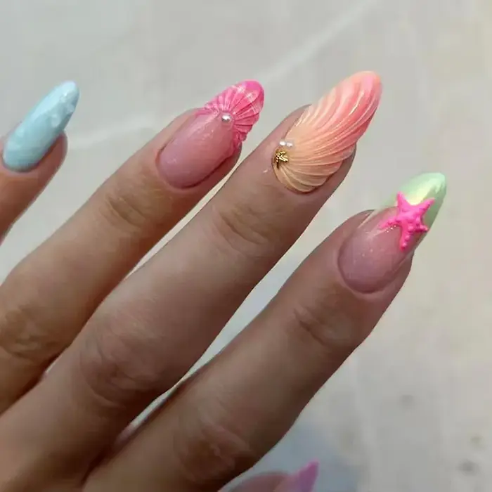 24 pièces amande faux ongles conseils été plage ongles colorés ensembles avec perle fleur conception