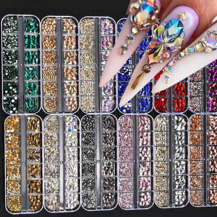 Strass en cristal de forme mixte pour Nail Art, 12 grilles, rose/rouge, pierres précieuses à dos pla