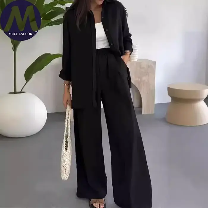 Ensemble 2 pièces d'été pour femme : Chemise à revers à manches longues et pantalon décontracté à ja