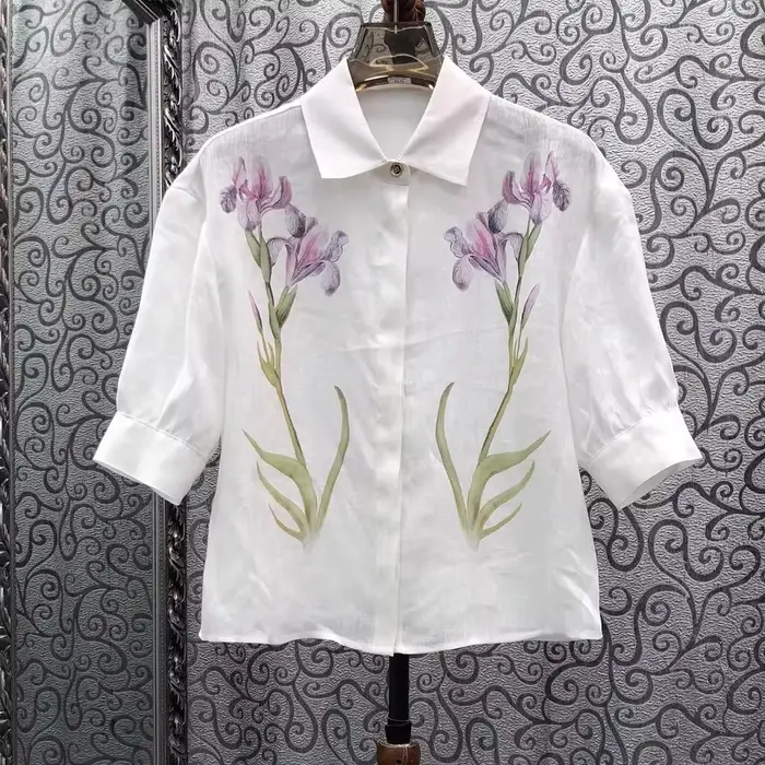 Chemisier 100% Lin pour Femme, Style Printemps-Été 2026, Col Rabattu, Imprimé Floral Violet, Manches