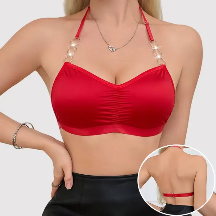 1 ks Červená dámská bralette s kovovými kroužky, backless, crop top style, v rozcuchaném saténu, na večer, noční klub, klubové oblečení, spodní prádlo