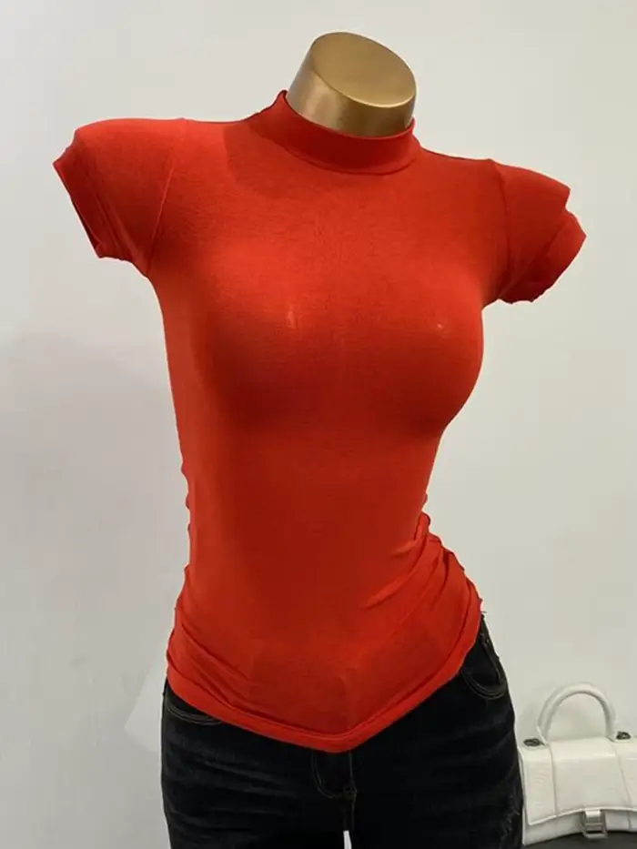 T-shirt à Manches Courtes et Col Mi-haut, Haut Transparent, Coupe Slim, artificiel astique, Couleur 