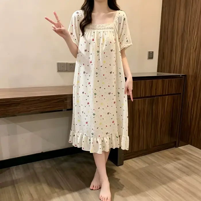Robe de nuit décontractée pour femme à col carré, imprimé mignon, manches courtes, ourlet à volants, idéale pour l'été