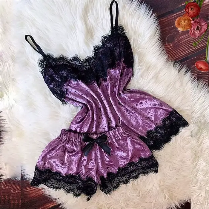 Pyjama d'été en velours pour femmes sexy sans manches avec nœud et garniture en dentelle haut caraco ensemble lingerie pour occasions spéciales nuit de lune de miel soirée lingerie