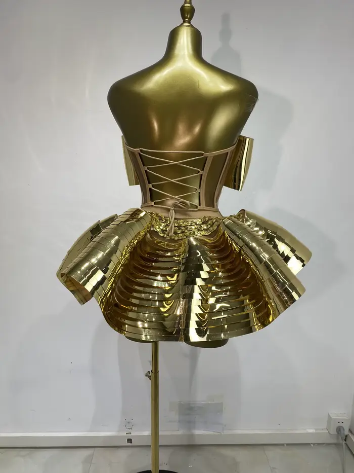 Disco tanečnice kostýmy, Bustier zrcadlo pozlacené, horní korzet a Mini nafouknutá sukně, 2 kusy, večerní oblečení Sexy Ses Y2k
