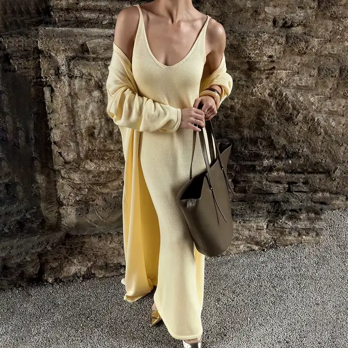 Tuularose femmes robe longue 2 pièces solide tricoté Spaghetti sangle robe à manches longues Cardiga