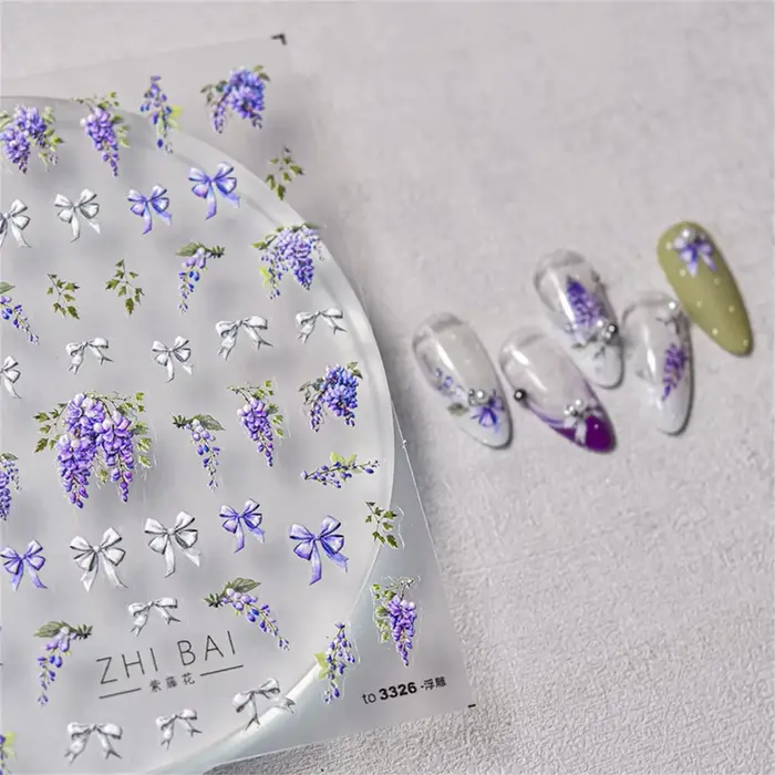Autocollants 5D de fleurs de glycine violette pour nail art, 1 pièce, adhésif de transfert, décorati
