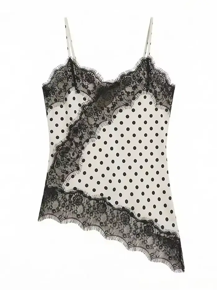HH Femme Élégante Débardeur à Pois en Dentelle à Ourlet Asymétrique, Camisole Sexy d'Été avec Empièc