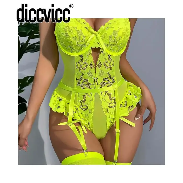 Diccvicc Sexy Spodní prádlo s nízkým tělem Průhledné květinové výšivky Krajka Ženy Spodní prádlo Erotické bodysuit Fantasy Intimní kostým