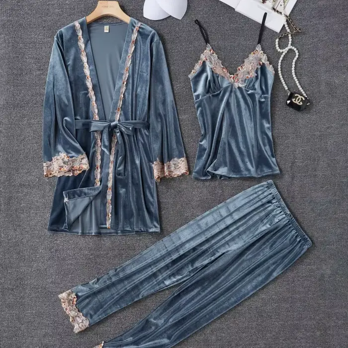 Nouveau velours pyjama costume femmes 3 pièces Robe chemise de nuit ensemble vêtements de nuit dame hiver velours chaud dentelle Folwer Kimono peignoir Robe 2025