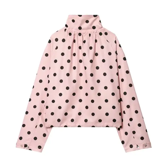 Manteau pour femme Printemps 2026 Nouveau style Rose à pois Manches longues Détail noué Simple bouto