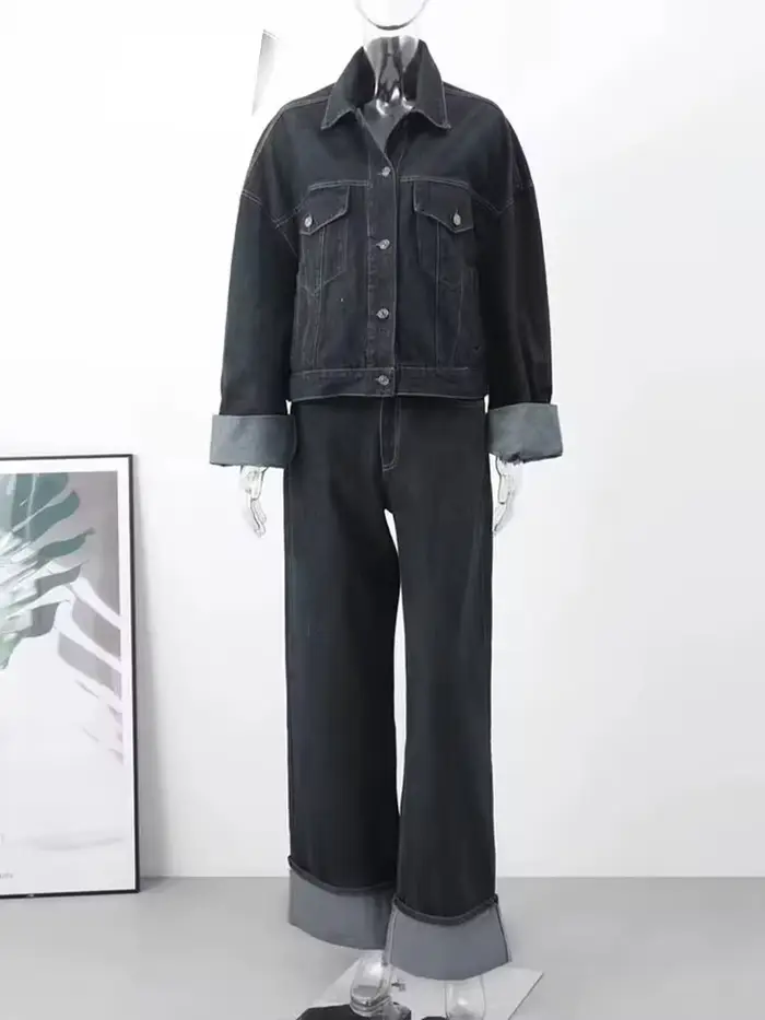 Pantalon en Denim taille haute pour femme, jambes larges + manches longues avec poches à rabat, mant