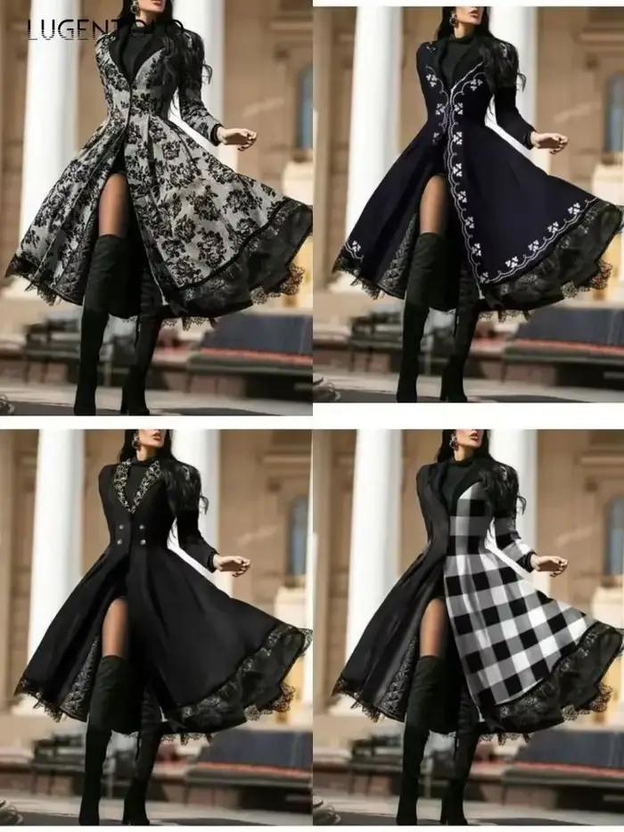 Femmes Vintage fête Trench à manches longues automne épissage dentelle bouton manteau femme décontra