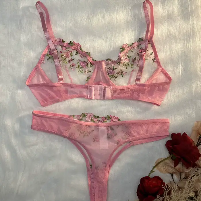 Ensemble de lingerie rose pour femme, sous-vêtements en dentelle, broderie féerique, ensembles de soutien-gorge et culottes, kits de lingerie