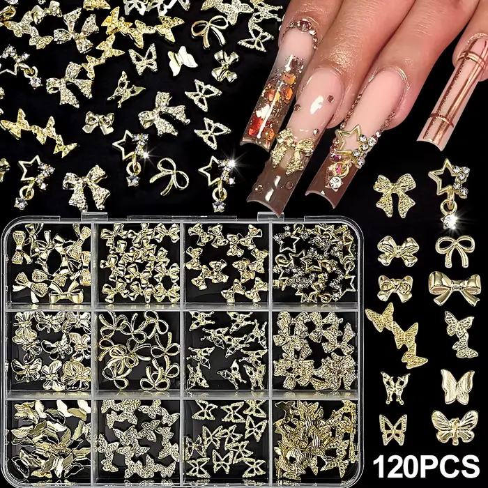 120 pièces/boîte 3D or arc papillon ongles breloques en métal brillant mignon noeud papillon/diamant