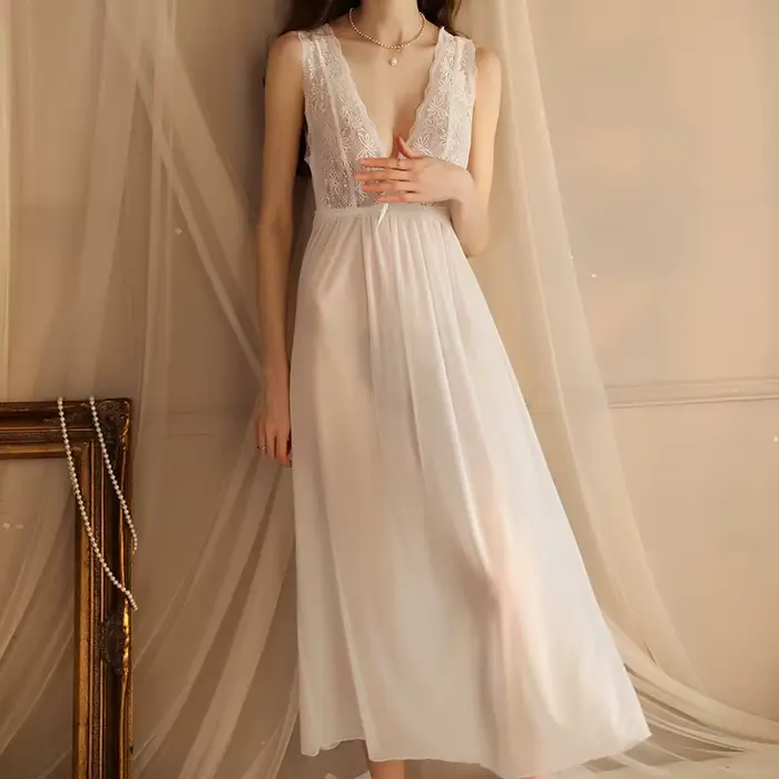 Noční košilka pro svatbu dlouhá z krajky, věkemová elegantní noční košile, noční košile s nízkým výstřihem, oblečení na spaní z vlákna