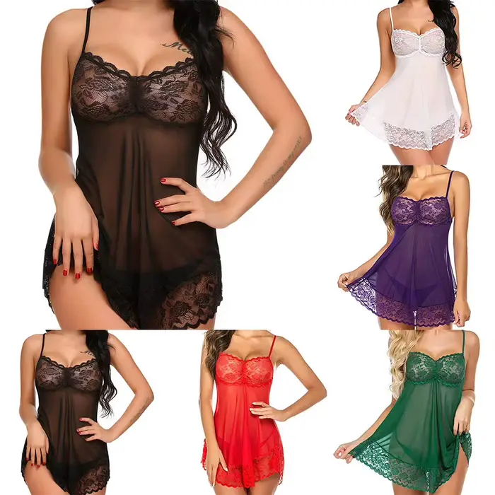 Robe de nuit sexy pour femme, lingerie en dentelle, nuisette érotique, robe à bretelles, pyjama transparent en maille, chemise de nuit