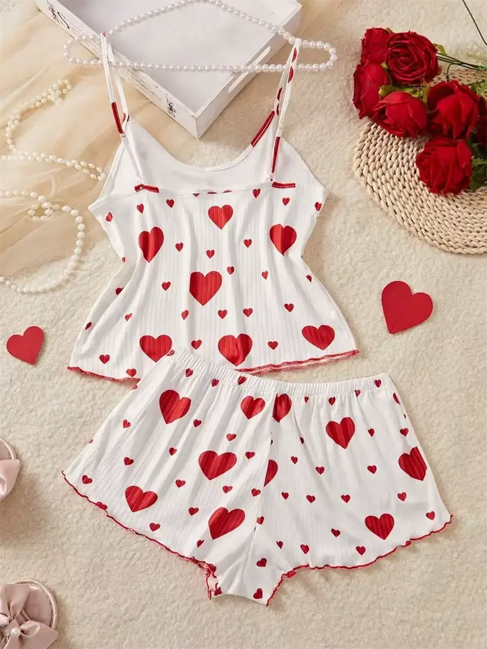 Dámská pyžamová sada, 5 velikostí na výběr, S M L XL 2XL, ramínko, oblečení na spaní, vesta + šortky, červený srdeční potisk, Sexy spodní prádlo