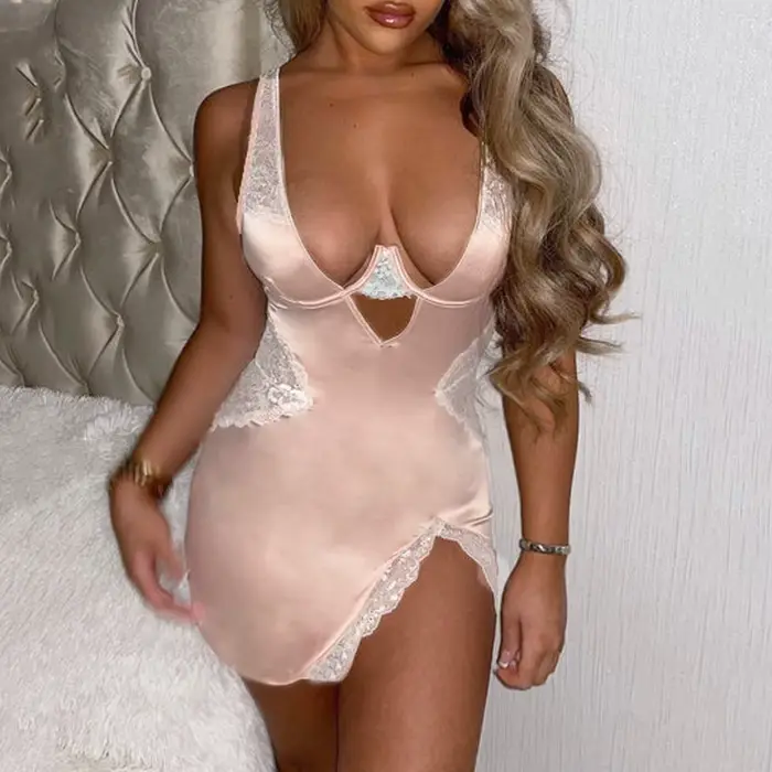 AVELINE 2025 nouveau dentelle Patchwork dames ensemble de soutien-gorge Sexy érotique coupe basse luxe français chemise de nuit fendu fronde deux pièces ensemble