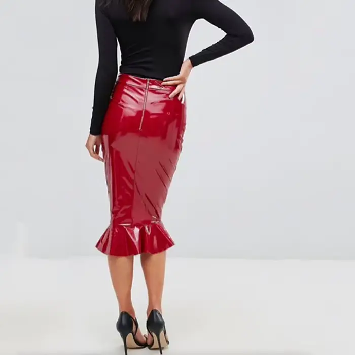 Jupe mi-longue à volants en faux latex pour femmes, jupes Hobble, cuir PU brillant, extensible, tamb