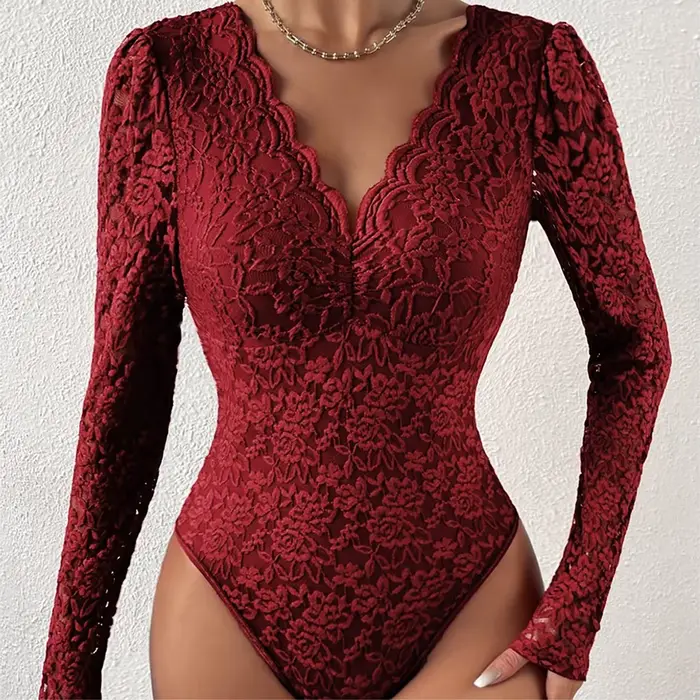 Body en dentelle sexy pour femme, body transparent en maille à manches longues et col en V, body gainant tendance 2026 coupe ajustée