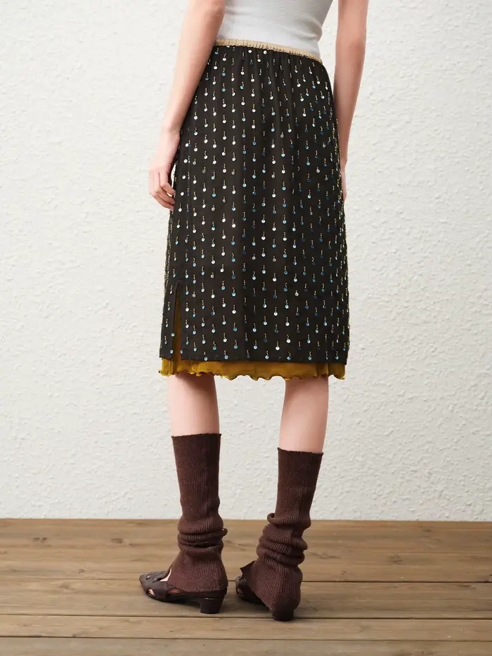 FSLE【Série Premium】Jupe Courte Femme Printemps 2026 en Velours à Paillettes et Perles, Style Rétro,