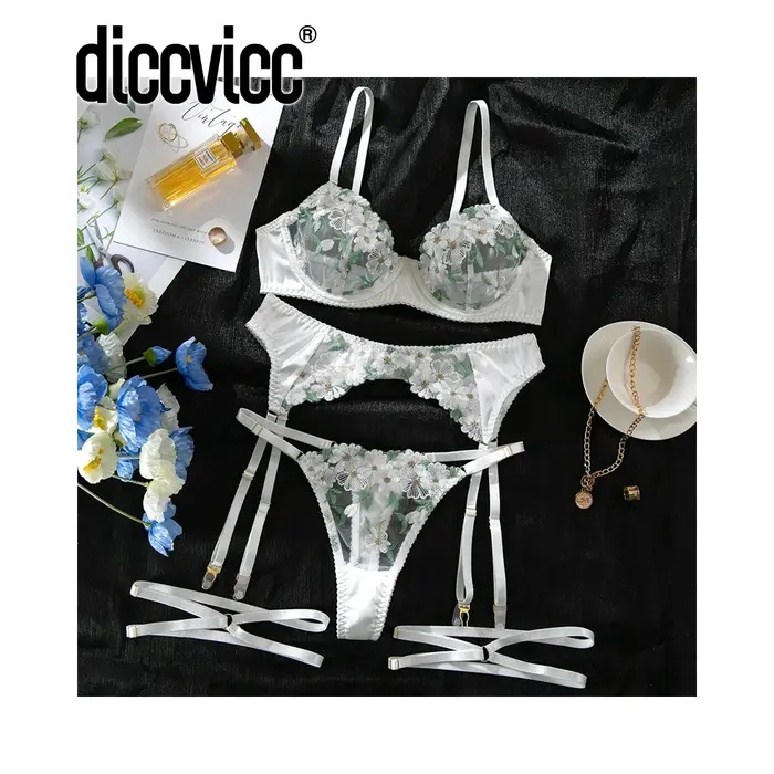 Diccvicc spodní prádlo ženy vyšívání květinové sexy krajka jemný podvazek spodní prádlo sada exotické miláček oblečení vidět přes intimita oblečení
