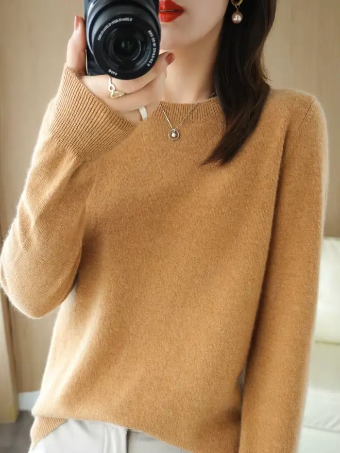 Pull en laine à manches longues et col rond pour femmes, pull basique, tricots en laine mérinos, sty