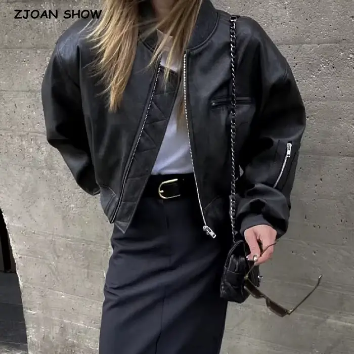 Y2K-Blouson en Cuir PU pour Femme, Col en V Côtelé, Manches sulf, Fermeture Éclair, Manteau Matelass