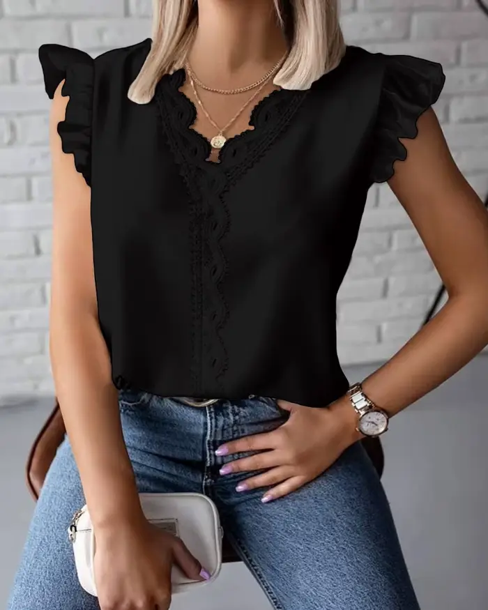 Chemisier noir à panneau en dentelle à col en V pour femme, chemise décontractée, blanc, été, 2024