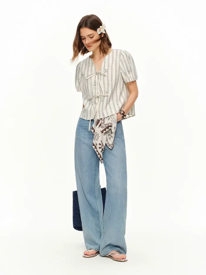 DUSHU 2026 Nouvelle Blouse d'été rayée à col en V et manches courtes pour femme, Top en lin et coton