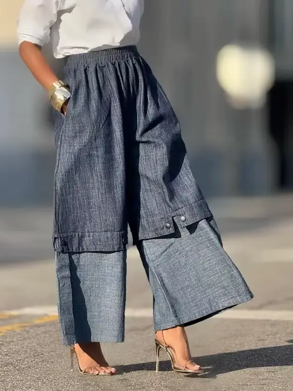 UOOZEE urbain femme Streetwear couches Denim pantalon à jambes larges ample élastique taille haute p