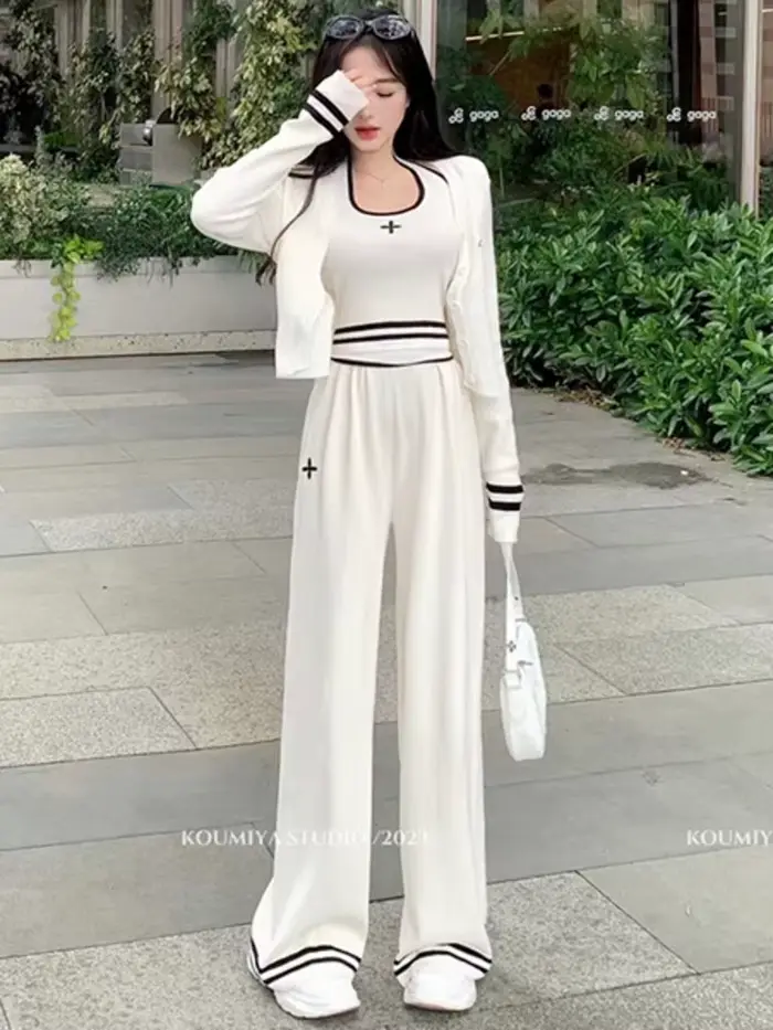 Set de vêtements féminins décontractés en coton et fibre synthétique pour printemps été avec haut, manteau et pantalon large