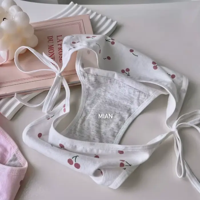 Lolita – Cherry vzorované bavlněné kalhotky pro ženy, sexy spodní prádlo, bílá, růžová, ramínko krajka-up, měkké, nízký pas, Anime, družičky žabky