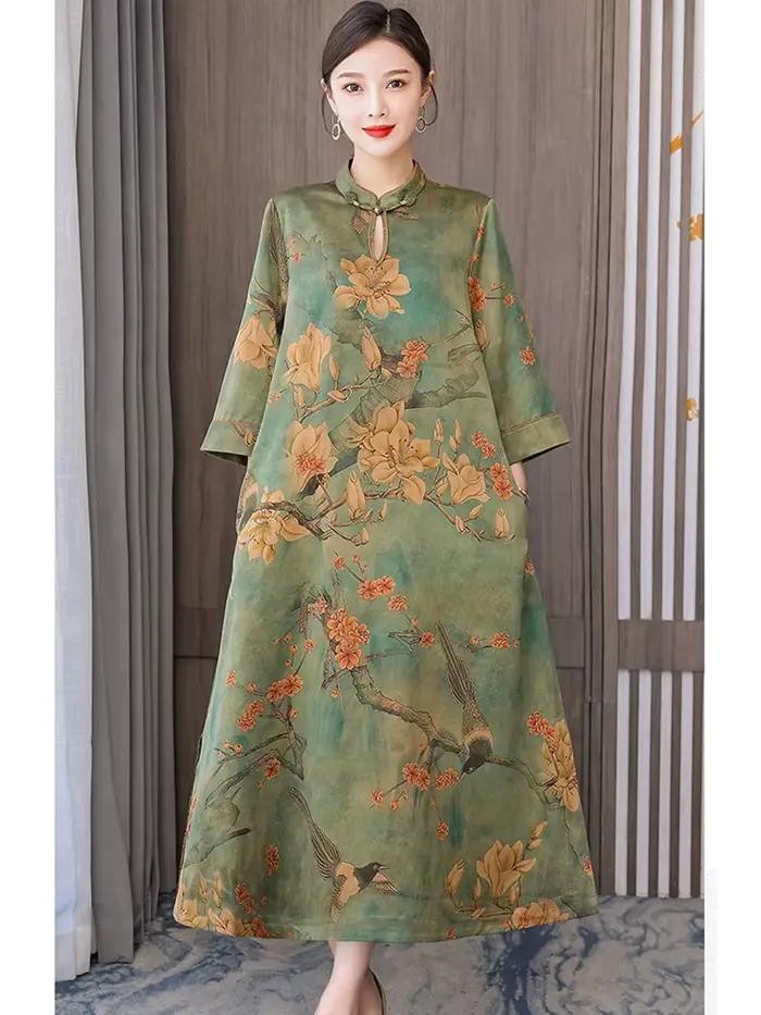 Robe maxi verte à manches longues pour femmes, col montant, vintage coréen, luxe élégant, automne, h