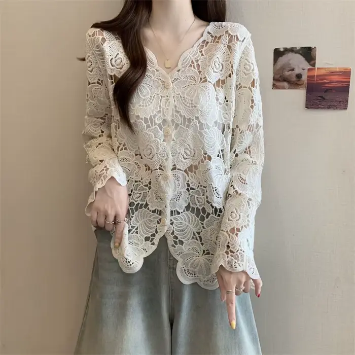 Boring Honey velká velikost krajka háčkovaný výstřih do V košile s dlouhým rukávem pro ženy módní všestranný elegantní