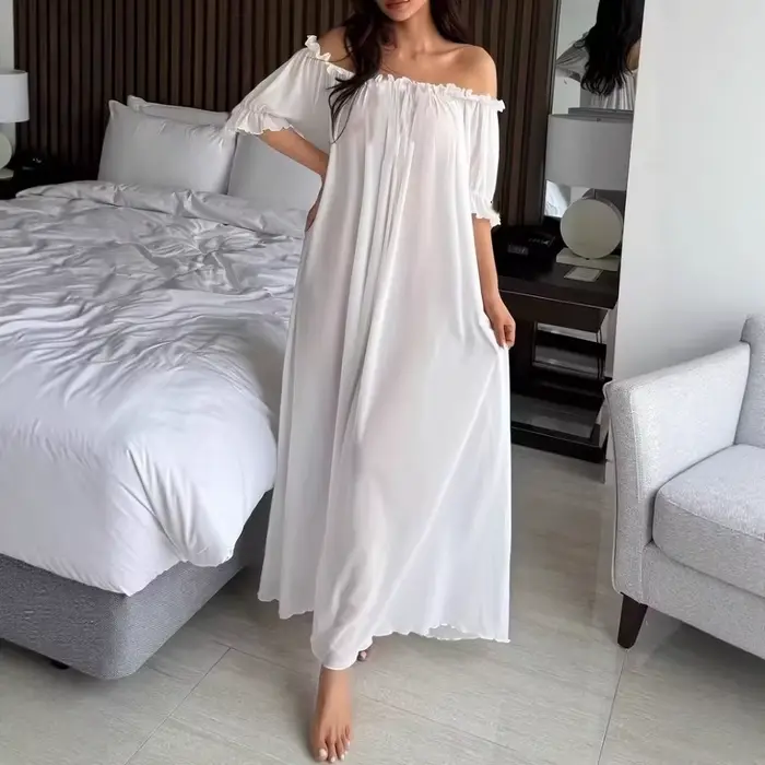 Robe de nuit transparente à épaules dénudées pour femme, col en V, manches courtes, avec volants, longue, pour la maison