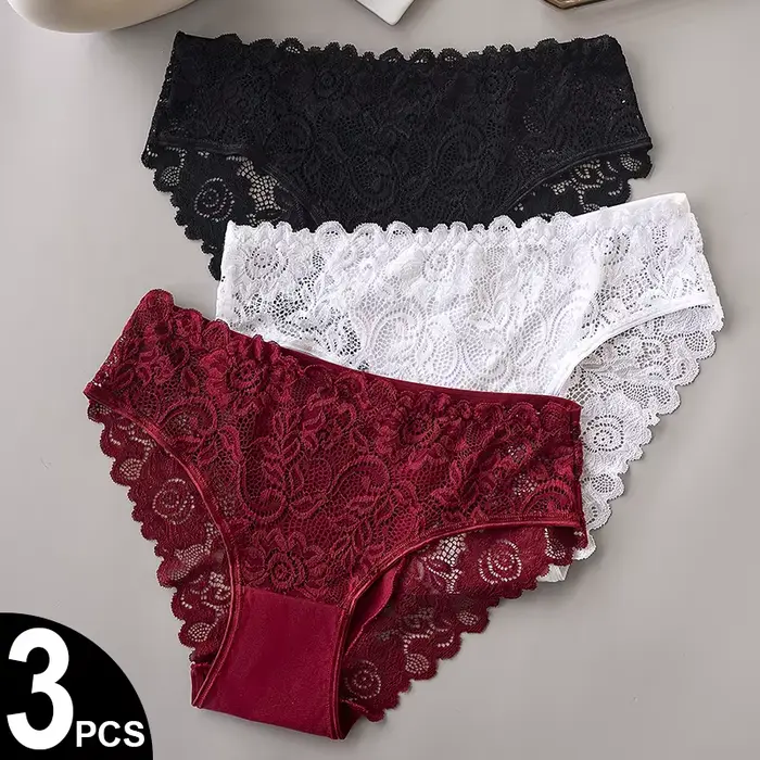 3dílná luxusní sada květinově vyšívaných krajkových kalhotek pro ženy – sexy průhledné spodní prádlo