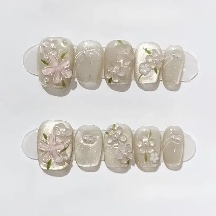 Faux ongles courts et carrés faits à la main, couverture complète, fleur, œil de chat, petit ballet 
