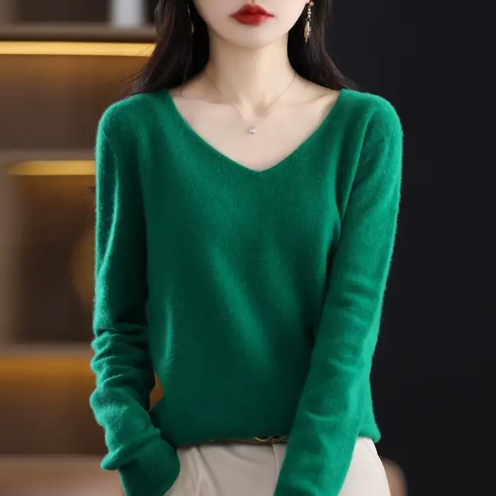 Pull en cachemire à col en V pour femme, 100% laine mérinos, pull basique, manches longues, tricots 