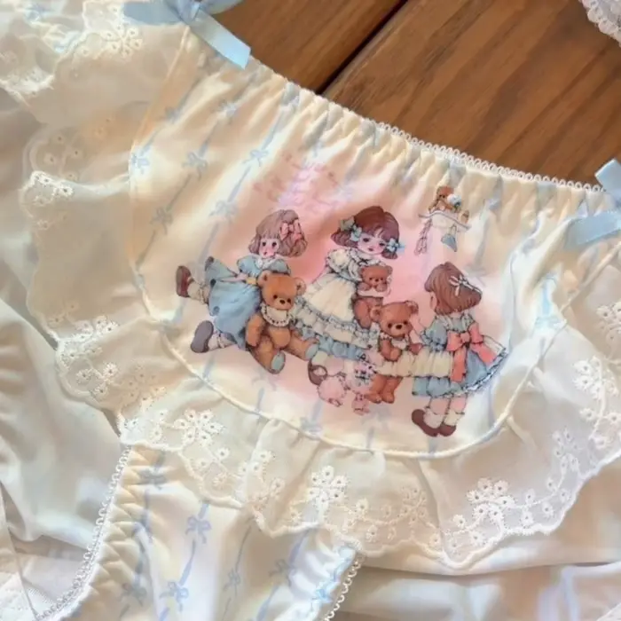 Culottes pour femmes en fibre de lait, taille basse, style Kawaii Lolita, avec nœud, imprimé poupée, dentelle et volants mignons