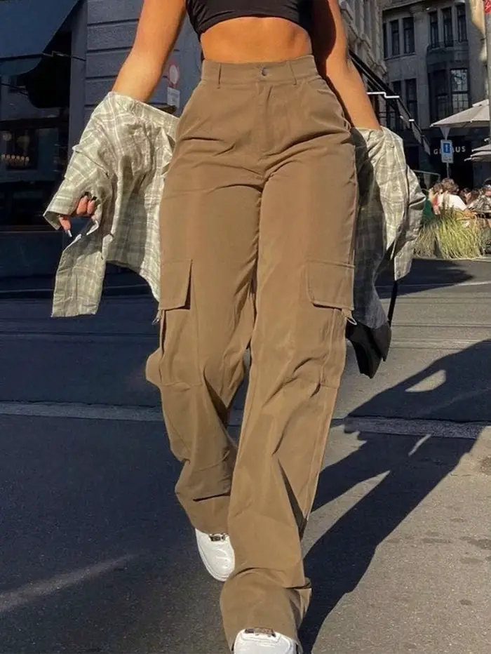 Pantalon cargo uni taille haute pour femmes, pantalon décontracté à boutons avec poches pour un usag