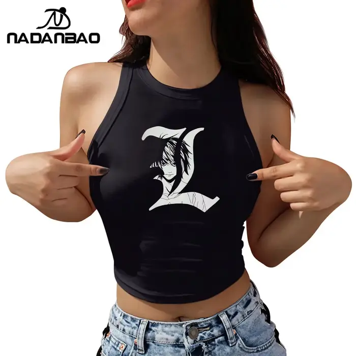 Nadanbao Sexy odhalená ramena krátký top pro ženy japonský Anime Death Note grafický potisk tílko letní ležérní bez rukávů T-Shirt