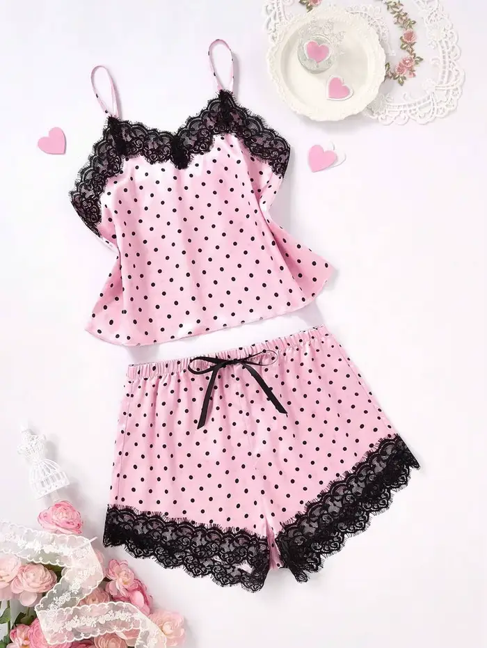 Pyjama Femme Mode Col En V Stretch Satin Dentelle Sexy Lingerie Nœud Papillon Ensemble Short Haut Rose Occasions Spéciales