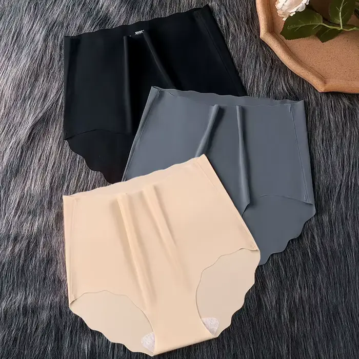 Lot de 3 culottes taille haute pour femmes, sous-vêtements invisibles en soie glacée sans couture, c