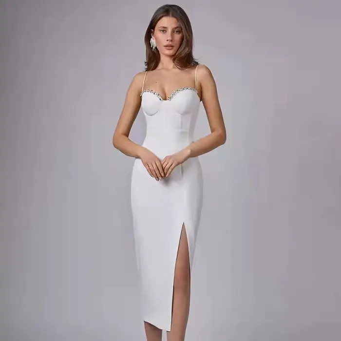 Robe à perles Spaghetti pour femmes, Sexy, sans manches, moulante, vêtements à bandes, robe de soiré