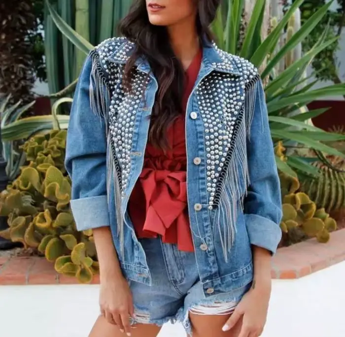 TEELYNN Boho noir Denim veste pour femmes manteaux à manches longues automne ample frange Jean veste
