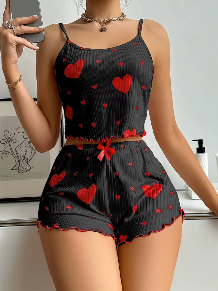 Sada pyžama 2 kusy pro ženy, domácí oblečení, potisk srdce, spodní prádlo, sexy pyžama, spodní prádlo, kamizoly, sady šortky, noční prádlo