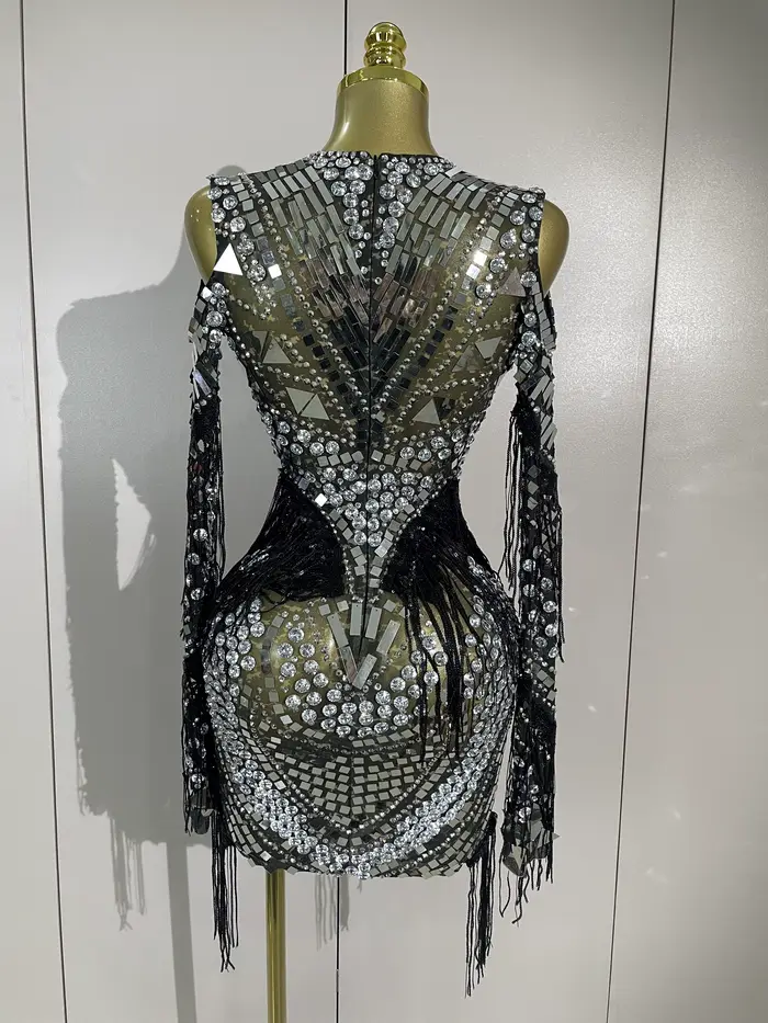 Luxusní večerní narozeninové disco foto focení sexy třpytivé diamanty flitry třásně dlouhé rukávy čistá mini šaty